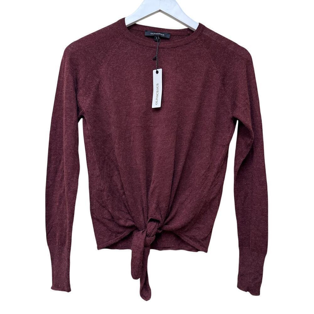 NWT Burgundy Size Small Maroon Wool Blend Long Sleeve Tie Front Sweater Casual
